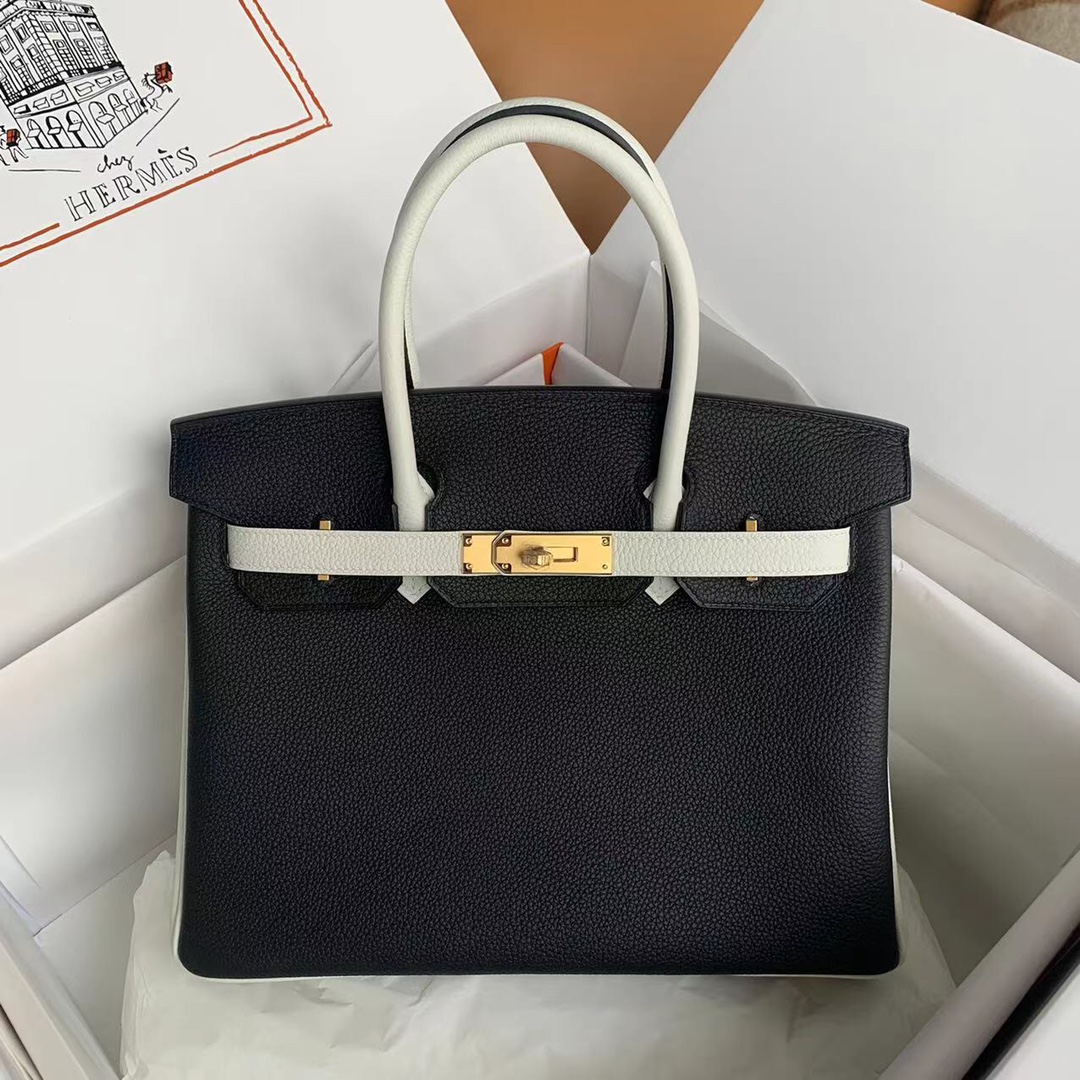 Hermes Birkin 30CM Togo Leather Handbag Black White